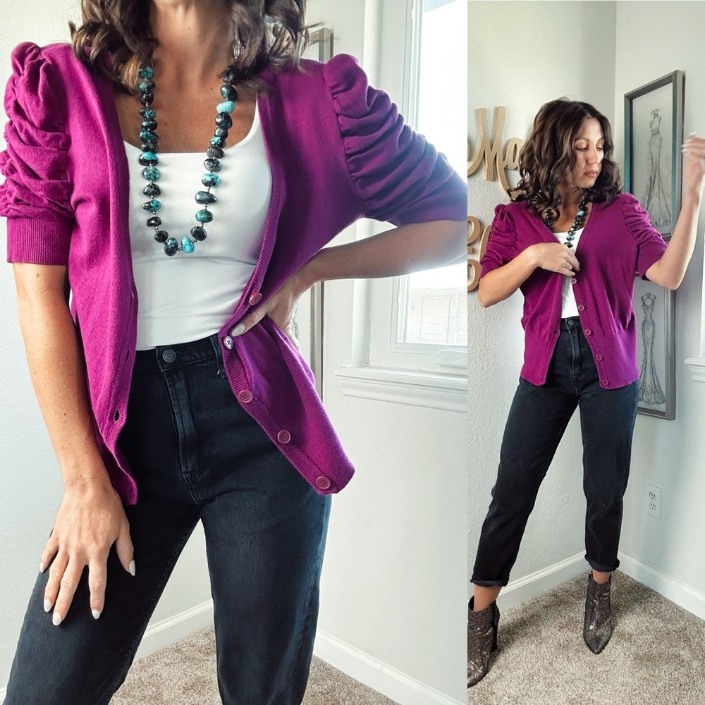East 5th dark Magenta Knit statement sleeve Sweater cardigan size XL